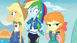 Size: 1920x1080 | Tagged: safe, artist:excelso36, edit, edited screencap, screencap, applejack, megan williams, megan williams (g4), rainbow dash, equestria girls, equestria girls specials, g1, g4, my little pony equestria girls: better together, my little pony equestria girls: rollercoaster of friendship, clothes, diaper, diaper edit, diaper fetish, diaper under clothes, female, fetish, hoodie, non-baby in diaper, outdoors, pants, shirt, t-shirt, trio, trio female
