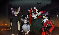 Size: 8807x5295 | Tagged: safe, artist:tenenbris, oc, oc:abel masei, oc:alicia malice, oc:alma, oc:patricia sorg, bird, crow, semi-anthro, candle, clothes, costume, eyeshadow, halloween, halloween costume, harley quinn, holiday, jack-o-lantern, jason voorhees, latex, makeup, pumpkin, samara