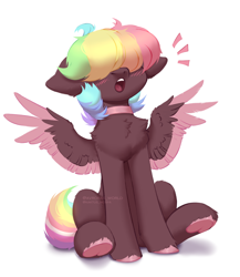 Size: 2600x3000 | Tagged: safe, artist:avroras_world, oc, oc only, oc:walter evans, pegasus, pony, blushing, chest fluff, choker, colored hooves, colored wings, emanata, high res, male, multicolored mane, multicolored tail, pegasus oc, simple background, solo, stallion, tail, two toned wings, white background, wings