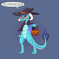 Size: 7000x7000 | Tagged: safe, artist:chedx, princess ember, dragon, g4, blue background, blushing, clothes, costume, cute, doodle, dragoness, embarrassed, emberbetes, female, halloween, halloween 2021, halloween costume, hat, holiday, looking at you, pumpkin bucket, simple background, talking to viewer, witch hat