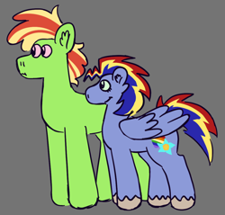 Size: 1280x1224 | Tagged: safe, artist:tezzbot, oc, oc only, oc:atlas stratus, oc:zap apple, earth pony, pegasus, pony, brother and sister, duo, female, gray background, magical lesbian spawn, male, mare, offspring, parent:applejack, parent:rainbow dash, parents:appledash, siblings, simple background, stallion