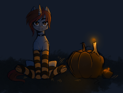 Size: 2323x1745 | Tagged: safe, artist:vetta, oc, oc only, oc:vetta, pony, unicorn, candle, choker, clothes, halloween, holiday, looking at you, mole, pumpkin, sitting, socks, solo, striped socks