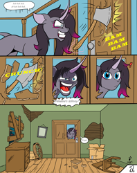 Size: 1600x2024 | Tagged: safe, artist:duragan, oleander (tfh), pony, them's fightin' herds, axe, community related, d'oh, deranged, empty room, fire axe, here's johnny, levitation, magic, male, mistake, parody, simpsons did it, solo, telekinesis, the shining, the shinning, the simpsons, weapon