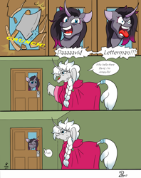 Size: 1607x2024 | Tagged: safe, artist:duragan, oleander (tfh), them's fightin' herds, amaryllis, axe, community related, d'oh, deranged, duo, fire axe, great granddaughter, great grandmother, here's johnny, male, mistake, parody, simpsons did it, the shining, the shinning, the simpsons, weapon