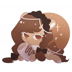 Size: 1406x1393 | Tagged: safe, artist:xieyanbbb, oc, oc only, oc:cocoa, earth pony, food pony, pony, bow, brown coat, brown eyes, brown hair, chocolate, dessert, eyelashes, food, hair bow, jewelry, marshmallow, necklace, pearl, pearl necklace, ponified, solo, sparkle, white eyelashes