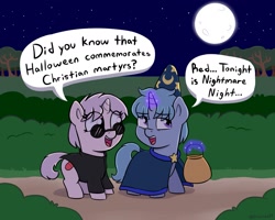 Size: 2121x1701 | Tagged: safe, artist:heretichesh, oc, oc only, oc:blue pill, oc:red pill, pony, unicorn, bag, brother and sister, clothes, colt, costume, dialogue, duo, female, filly, full moon, halloween, hat, holiday, male, moon, night, nightmare night costume, siblings, speech bubble, suit, sunglasses, trick or treat, wizard hat, wizard robe