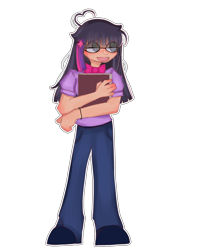 Size: 508x602 | Tagged: safe, artist:axitaint, twilight sparkle, human, g4, book, bowtie, bracelet, clothes, female, glasses, humanized, jeans, jewelry, pants, shirt, shoes, simple background, solo, t-shirt, transparent background, wristband