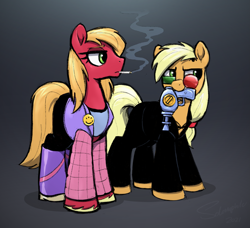 Size: 2687x2451 | Tagged: safe, artist:selenophile, applejack, big macintosh, earth pony, pony, g4, brother and sister, channon yarrow, cigarette, clothes, costume, crossdressing, crossplay, duo, female, glasses, gun, halloween, halloween costume, high res, lidded eyes, male, mare, mouth hold, pants, ray gun, shirt, siblings, smoking, spider jerusalem, stallion, transmetropolitan, weapon