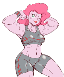 Size: 1214x1451 | Tagged: safe, artist:box chan, pinkie pie, human, g4, ;p, belly button, clothes, compression shorts, female, flexing, humanized, muscles, muscular female, one eye closed, pinkie pump, pinkie thighs, pony coloring, simple background, smiling, solo, sports bra, sweatband, thunder thighs, tongue out, white background, wink