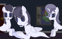 Size: 640x400 | Tagged: safe, artist:herooftime1000, earth pony, ghost, ghost pony, pegasus, pony, undead, unicorn, octavia in the underworld's cello, black sclera, blue eyes, door, indoors, pixel art, tree, treehouse, window