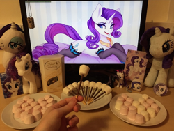 Size: 806x605 | Tagged: safe, artist:spittfireart, nightmare rarity, rarity, human, pony, unicorn, g4, clothes, female, food, horn, irl, irl human, jewelry, mare, marshmallow, monitor, photo, picture, plushie, pocky, rarity is a marshmallow, socks, stockings, thigh highs, waifu dinner