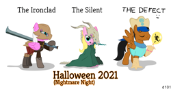 Size: 1483x770 | Tagged: safe, artist:darius-101, oc, oc:dariusii, oc:dia, oc:pink spinach, pegasus, pony, armor, balloon, clothes, costume, female, halloween, halloween costume, holiday, male, skull, slay the spire, smiley face, sword, the defect, the ironclad, the silent, weapon