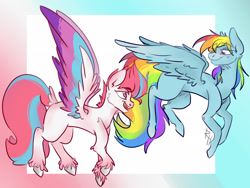 Size: 2268x1701 | Tagged: safe, artist:sallybatbridge, rainbow dash, zipp storm, pegasus, pony, g5, my little pony: a new generation, counterparts, duo, female, flying, looking at each other, mare, signature, smiling