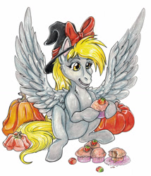 Size: 1280x1497 | Tagged: safe, artist:ocelotfire-art, derpy hooves, pegasus, pony, g4, female, food, hat, mare, muffin, october, pumpkin, pumpkin spice, signature, sitting, smiling, solo, spread wings, traditional art, wings, witch hat