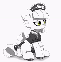 Size: 2484x2556 | Tagged: safe, artist:pabbley, limestone pie, earth pony, pony, g4, annoyed, bell, bell collar, black and white, choker, clothes, collar, colored hooves, cute, dress, eyebrows, female, freckles, frown, grayscale, high res, hoof polish, limabetes, looking away, maid, maid headdress, mare, monochrome, partial color, simple background, sitting, socks, solo, white background