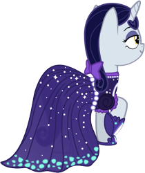 Size: 553x658 | Tagged: safe, artist:azgchip, moonlight raven, pony, unicorn, g4, bow, clothes, digital art, dress, eyeshadow, female, hoof shoes, makeup, mare, raised hoof, rear view, simple background, solo, transparent background