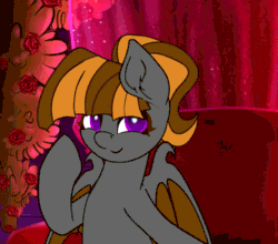 Size: 1121x986 | Tagged: safe, artist:theotherpony, oc, oc only, oc:mythic dawn, bat pony, pony, animated, bat pony oc, bat wings, blinking, commission, cute, detailed background, ear fluff, eyebrows, female, gif, hoof on chin, looking at you, mare, ocbetes, offscreen character, open mouth, ponytail, pov, purple eyes, romantic, smiling, smiling at you, solo, toothy grin, wings, ych result