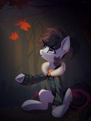 Size: 2164x2860 | Tagged: safe, artist:taneysha, oc, oc only, earth pony, pony, autumn, clothes, ear fluff, ear piercing, female, forest, high res, jacket, leaf, mare, piercing, sitting, solo