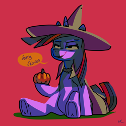 Size: 4500x4500 | Tagged: safe, artist:docwario, twilight sparkle, ambiguous race, pony, g4, absurd resolution, hat, lidded eyes, pumpkin, red background, simple background, sitting, solo, speech bubble, twitober, witch hat