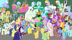 Size: 3102x1745 | Tagged: safe, artist:azgchip, amethyst star, apple strudely, azure velour, berry punch, berryshine, blossomforth, bon bon, candy apples, candy mane, carrot top, cheerilee, cherry berry, cloud kicker, cloudchaser, cloverbelle, coco pommel, cocoa caliente, daisy, derpy hooves, dust devil, fiddlesticks, flitter, florina tart, flower wishes, fresh coat, golden harvest, junebug, lemon hearts, lightning bolt, lily, lily valley, linky, lyra heartstrings, minty (g4), minuette, moonlight raven, nurse redheart, octavia melody, rainbowshine, roseluck, sassaflash, screw loose, sea swirl, seafoam, shoeshine, silver spanner, silverspeed, sparkler, spring melody, sprinkle medley, sweetie drops, twinkleshine, vapor trail, white lightning, oc, oc:anon, oc:anon stallion, earth pony, pegasus, pony, unicorn, g4, 16:9, :i, :o, alarm, alcohol, anon pony, apple family member, apron, armband, background pony, bag, baking tray, barrel, baseball cap, basket, bipedal, bipedal leaning, blue socks, blushing, book, both cutie marks, bow, braid, bread, brush, brushing, butt, cap, carrot, cart, clapping, clipboard, clothes, cloud, colored background, comic sans, cookie, crossed legs, cutie mark, digital art, dress shirt, eyes closed, female, flexible, flower, flower basket, flower in hair, flying, folded wings, food, goggles, golden oaks library, grin, guitar, hair bow, hair bun, hat, high res, hoof hold, hoof shoes, hot air balloon, ladder, leaning, lying down, lying on a cloud, magic, magic aura, male, mare, medkit, mission impossible, mouth hold, musical instrument, neck nuzzle, necktie, nuzzling, on a cloud, open mouth, paint, paint on fur, paint roller, paper, peanut butter, pineapple, plot, ponyville, portal, poster, pushing, rappelling, rear view, record, rope, rose, rubble, saddle bag, scarf, scrunchy face, sheepish grin, sitting, smiling, snowpity, socks, spread wings, stallion, standing, surrounded, surrounded by mares, tail, tail hold, telekinesis, too many ponies, twinkling balloon, violin, walking, wall of blue, wall of tags, waving, wine, wings, wire cutter, wonder bread