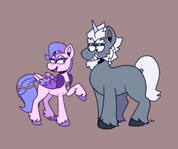 Size: 1965x1645 | Tagged: safe, artist:atomivaras, alphabittle blossomforth, queen haven, pegasus, pony, unicorn, g5, my little pony: a new generation, spoiler:my little pony: a new generation, bean mouth, beard, blank flank, blushing, colored hooves, colored wings, facial hair, female, grin, hilarious in hindsight, jewelry, lidded eyes, male, mare, missing cutie mark, necklace, regalia, ship:alphahaven, shipping, sideburns, smiling, stallion, straight, unshorn fetlocks, wings