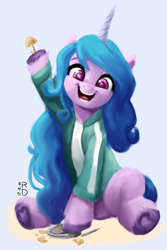 Size: 2000x3000 | Tagged: safe, artist:raphaeldavid, izzy moonbow, pony, unicorn, g5, my little pony: a new generation, spoiler:my little pony: a new generation, clothes, crossover, cute, dalgona, female, food, high res, izzybetes, mare, netflix, open mouth, simple background, solo, squid game, sweater, the implications are horrible, this will not end well, white background