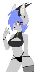 Size: 1542x3000 | Tagged: safe, alternate version, artist:melodytheartpony, oc, oc:melody silver, dracony, dragon, hybrid, anthro, art challenge, asexual, asexual artist, boob window, breasts, clothes, cute, dressuptober, dressuptober2021, fangs, female, horns, mesh, multiple variants, piercing, sexy, simple background, socks, solo, stockings, thigh highs, white background