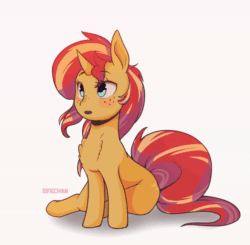Size: 1200x1176 | Tagged: safe, artist:katakiuchi4u, sunset shimmer, pony, unicorn, g4, :t, animated, blushing, chest fluff, cute, eye shimmer, female, floppy ears, fluffy, frame by frame, freckles, gif, holding breath, inhaling, mare, open mouth, peacocking, peppered bacon, ponytober, shimmerbetes, simple background, sitting, solo, white background