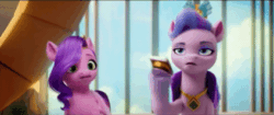 Size: 424x178 | Tagged: safe, edit, edited screencap, screencap, pipp petals, queen haven, pegasus, pony, g5, my little pony: a new generation, spoiler:my little pony: a new generation, animated, cellphone, crown, duo, duo female, eyeshadow, female, gif, hoof hold, jewelry, loop, makeup, mare, necklace, perfect loop, phone, regalia, reversed, smartphone, unshorn fetlocks