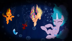 Size: 1280x731 | Tagged: safe, artist:angelina-pax, artist:small-brooke1998, izzy moonbow, sunny starscout, alicorn, earth pony, pegasus, pony, unicorn, g4, g5, my little pony: a new generation, my little pony: the movie, spoiler:g5, spoiler:my little pony: a new generation, artificial alicorn, artificial wings, asphyxiation, augmented, base used, bubble, chromia, crepuscular rays, crossover, drowning, flowing mane, flowing tail, hot rod, ocean, race swap, seaquestria, sideswipe, sunnycorn, swimming, tail, underwater, water