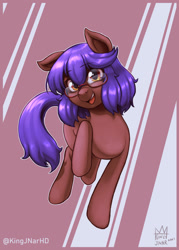 Size: 1073x1500 | Tagged: safe, artist:kingjnar, oc, oc only, oc:jayna, earth pony, pony, abstract background, female, glasses, looking at you, mare, raised hoof, raised leg, smiling, solo