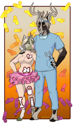 Size: 1678x2854 | Tagged: safe, artist:blackblood-queen, oc, oc only, oc:caine, oc:fern evergreen, deer, unicorn, anthro, unguligrade anthro, anthro oc, antlers, cainergreen, clothes, cloven hooves, commission, costume, couple, deer oc, digital art, female, halloween, halloween 2021, halloween costume, holiday, horn, male, mare, mask, nightmare night, nightmare night 2021, nightmare night costume, oc x oc, operation (game), shipping, size difference, straight, tutu, unicorn oc