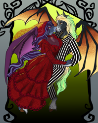 Size: 2047x2591 | Tagged: safe, artist:blackblood-queen, oc, oc:indigo rose, oc:rege liliac, bat pony, anthro, unguligrade anthro, bat pony oc, beetlejuice, betelgeuse, clothes, commission, costume, couple, digital art, dress, duo, fangs, female, halloween, halloween costume, high res, holiday, indiac, looking at each other, lydia deetz, male, mare, nightmare night, nightmare night 2021, nightmare night costume, oc x oc, red dress, shipping, slit pupils, smiling, stallion, straight, veil