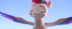 Size: 3840x1604 | Tagged: safe, screencap, zipp storm, pegasus, pony, g5, my little pony: a new generation, adorazipp, cute, eyes closed, female, high res, majestic, mare, smiling, solo, station, zephyr heights, zephyr heights terminal