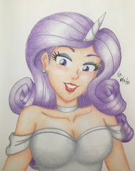 Size: 900x1144 | Tagged: safe, artist:mayorlight, rarity, human, g4, breasts, bust, busty rarity, choker, cleavage, eyeshadow, horn, horned humanization, humanized, light skin, lipstick, looking at you, makeup, pencil drawing, portrait, simple background, solo, traditional art