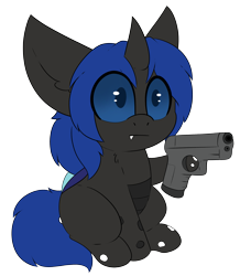Size: 2317x2653 | Tagged: safe, artist:pegamutt, oc, oc only, oc:swift dawn, changeling, :l, blue changeling, changeling oc, chest fluff, chibi, commission, cute, cuteling, delet this, fangs, gun, high res, horn, male, simple background, sitting, solo, stallion, transparent background, weapon, wings, ych result