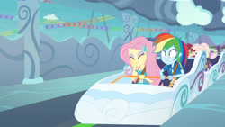 Size: 3410x1920 | Tagged: safe, screencap, fluttershy, rainbow dash, roseluck, equestria girls, equestria girls specials, g4, my little pony equestria girls: better together, my little pony equestria girls: rollercoaster of friendship, clothes, cute, cutie mark, cutie mark on clothes, eyes closed, female, geode of fauna, geode of super speed, hairpin, high res, hoodie, jewelry, magical geodes, necklace, shyabetes, smiling, unnamed character, unnamed human