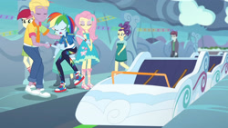 Size: 3410x1920 | Tagged: safe, screencap, fluttershy, grape lemonade, rainbow dash, roseluck, track starr, equestria girls, equestria girls specials, g4, my little pony equestria girls: better together, my little pony equestria girls: rollercoaster of friendship, clothes, converse, cutie mark, cutie mark on clothes, equestria land worker, eyes closed, female, geode of fauna, geode of super speed, hairpin, high res, hoodie, jewelry, magical geodes, male, necklace, open mouth, sandals, shoes, smiling, sneakers