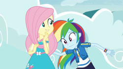 Size: 3410x1920 | Tagged: safe, screencap, fluttershy, rainbow dash, equestria girls, equestria girls specials, g4, my little pony equestria girls: better together, my little pony equestria girls: rollercoaster of friendship, clothes, cutie mark, cutie mark on clothes, female, geode of fauna, geode of super speed, high res, hoodie, jewelry, magical geodes, necklace, smiling