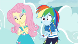 Size: 3410x1920 | Tagged: safe, screencap, fluttershy, rainbow dash, equestria girls, equestria girls specials, g4, my little pony equestria girls: better together, my little pony equestria girls: rollercoaster of friendship, clothes, cute, cutie mark, cutie mark on clothes, eyes closed, female, geode of fauna, geode of super speed, hairpin, high res, hoodie, jewelry, magical geodes, necklace, shyabetes, smiling