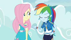 Size: 3410x1920 | Tagged: safe, screencap, fluttershy, rainbow dash, equestria girls, equestria girls specials, g4, my little pony equestria girls: better together, my little pony equestria girls: rollercoaster of friendship, clothes, cutie mark, cutie mark on clothes, eyes closed, female, geode of super speed, hairpin, hand on hip, high res, hoodie, jewelry, lip bite, magical geodes, necklace, smiling