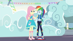 Size: 3410x1920 | Tagged: safe, screencap, fluttershy, rainbow dash, equestria girls, equestria girls specials, g4, my little pony equestria girls: better together, my little pony equestria girls: rollercoaster of friendship, clothes, converse, cutie mark, cutie mark on clothes, female, geode of fauna, geode of super speed, high res, hoodie, jewelry, legs, magical geodes, necklace, sandals, shoes, smiling, sneakers