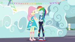 Size: 3410x1920 | Tagged: safe, screencap, fluttershy, rainbow dash, equestria girls, equestria girls specials, g4, my little pony equestria girls: better together, my little pony equestria girls: rollercoaster of friendship, blushing, clothes, converse, cutie mark, cutie mark on clothes, eyes closed, female, geode of fauna, geode of super speed, high res, hoodie, jewelry, magical geodes, necklace, sandals, shoes, smiling, sneakers