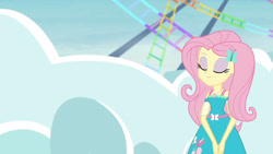 Size: 3410x1920 | Tagged: safe, screencap, fluttershy, equestria girls, equestria girls specials, g4, my little pony equestria girls: better together, my little pony equestria girls: rollercoaster of friendship, clothes, cutie mark, cutie mark on clothes, eyes closed, female, geode of fauna, hairpin, high res, jewelry, magical geodes, necklace, smiling, solo