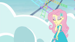 Size: 3410x1920 | Tagged: safe, screencap, fluttershy, equestria girls, equestria girls series, g4, rollercoaster of friendship, clothes, cutie mark, cutie mark on clothes, eyes closed, female, geode of fauna, hairpin, high res, jewelry, magical geodes, necklace, smiling, solo