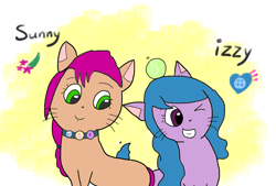 Size: 1104x745 | Tagged: safe, artist:foxy1219, izzy moonbow, sunny starscout, cat, g5, my little pony: a new generation, spoiler:my little pony: a new generation, ball, catified, duo, female, grin, izzy's tennis ball, one eye closed, smiling, species swap, tennis ball, wink