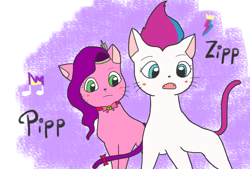 Size: 1104x745 | Tagged: safe, artist:foxy1219, pipp petals, zipp storm, cat, g5, my little pony: a new generation, spoiler:my little pony: a new generation, bell, bowtie, catified, duo, duo female, fangs, female, siblings, sisters, species swap