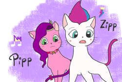 Size: 1104x745 | Tagged: safe, artist:foxy1219, pipp petals, zipp storm, cat, g5, my little pony: a new generation, bell, bowtie, catified, duo, duo female, fangs, female, siblings, sisters, species swap