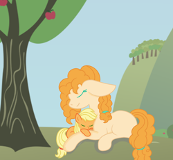 Size: 1352x1242 | Tagged: safe, artist:xxpastelpawxx, applejack, pear butter, earth pony, pony, g4, cute, duo, duo female, eyes closed, female, filly, filly applejack, floppy ears, jackabetes, lying down, mother and child, mother and daughter, no cutie marks because im lazy, pearabetes, prone, smiling, younger