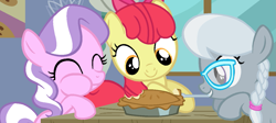 Size: 1311x586 | Tagged: safe, artist:xxpastelpawxx, edit, edited screencap, screencap, apple bloom, diamond tiara, silver spoon, earth pony, pony, g4, on your marks, season 6, female, filly, food, pie